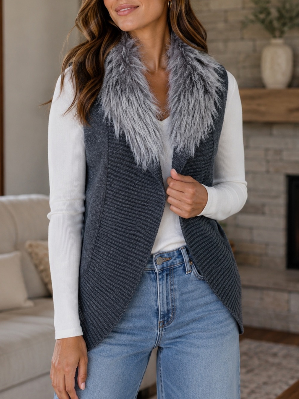 ZAC & RACHEL Gray Soft Faux Fur Collar Knit Sweater Vest Size S